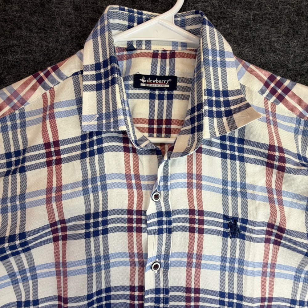 Dewberry Button Down Shirt Mens Small White Blue Red Plaid Long Sleeve Roll Tab